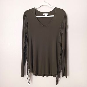 JohnPaulRichard Long Sleeve V Neck Fringe Top Western Rodeo Shirt Large Olive